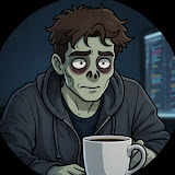 Patch, the Zombie Developer: tired eyes, coffee nearby, still at the keyboard.